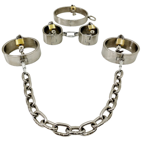 Men's & Women's 304 Stainless Steel Post Lock Handcuffs & Ankle Cuffs Set with Collars