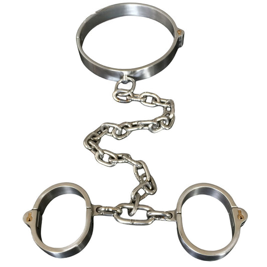 High-Quality Stainless Steel Post-Lock Collar and Wrist Cuff Set for BDSM Play